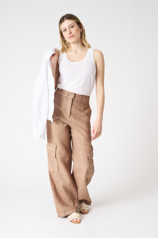 120% lino Wide Leg Cargo Pant TABACCO SOFT FADE