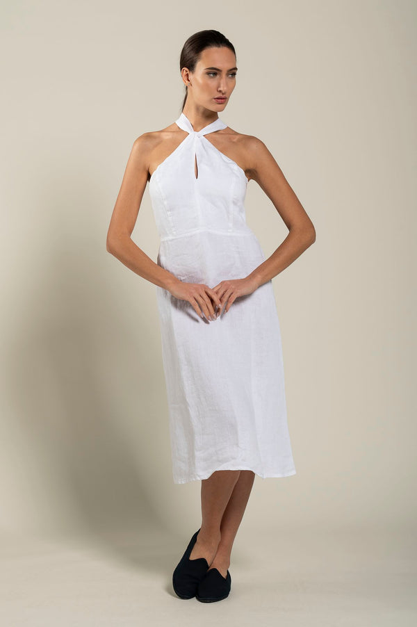 120% Lino Woman Crossover Neck Dress WHITE
