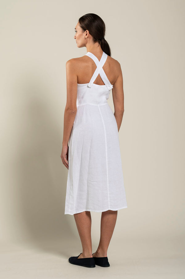 120% Lino Woman Crossover Neck Dress WHITE
