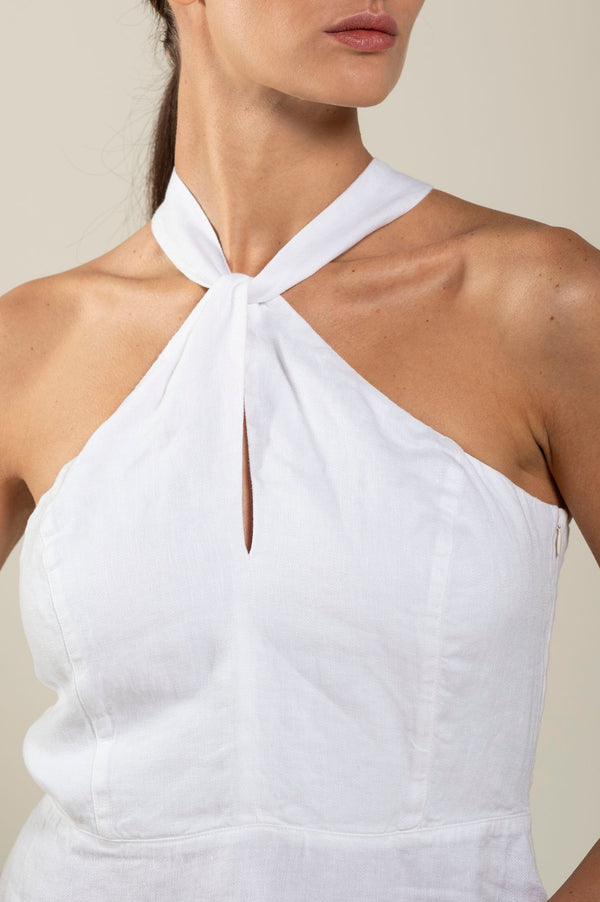 120% lino Woman Crossover Neck Dress WHITE
