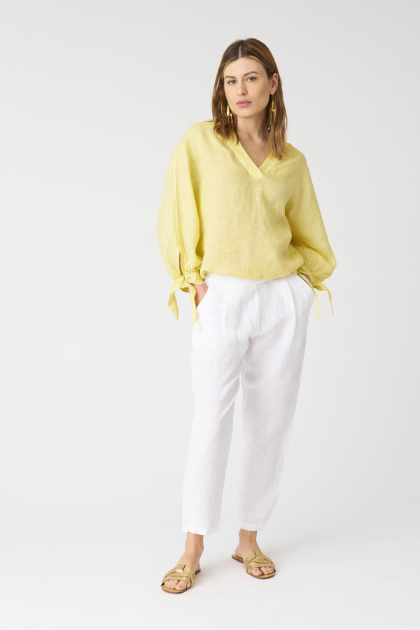 120% Lino Blouse With Balloon Sleeve Tie-Fronts SAFARI SOFT FADE