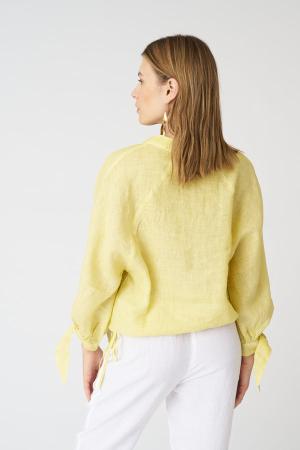 120% Lino Blouse With Balloon Sleeve Tie-Fronts SAFARI SOFT FADE