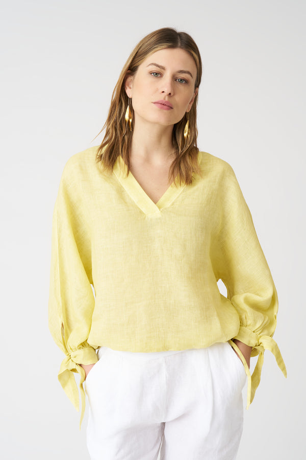 120% lino Blouse with Balloon Sleeve Tie-Fronts SAFARI SOFT FADE