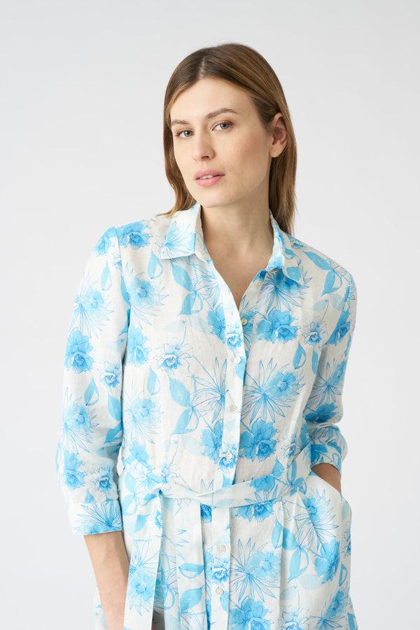 120% Lino Botanical Watercolor Shirt Dress With Belt BOTANICAL WATERCOLOR