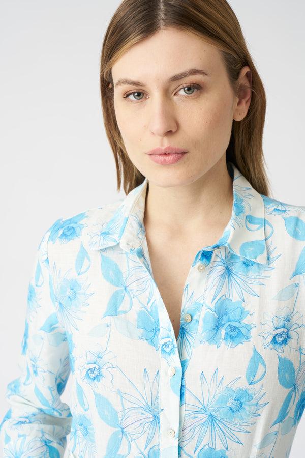 120% Lino Botanical Watercolor Shirt Dress With Belt BOTANICAL WATERCOLOR