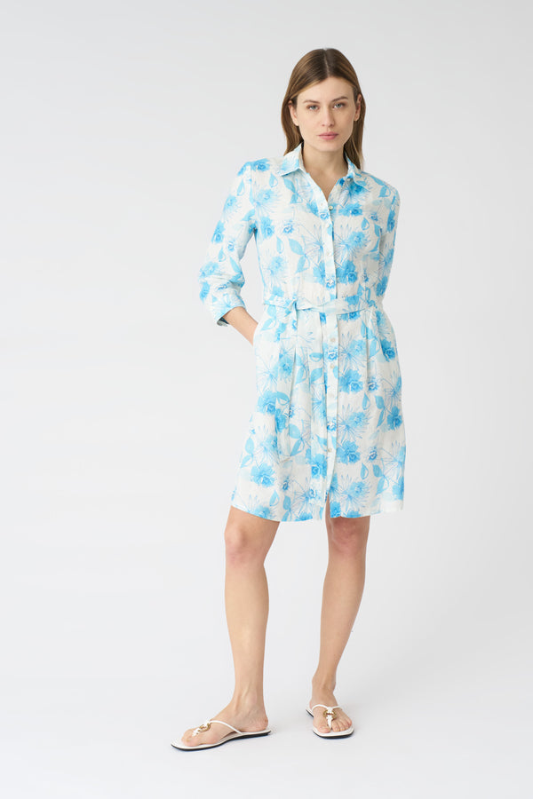 120% lino Botanical Watercolor Shirt Dress with Belt BOTANICAL WATERCOLOR