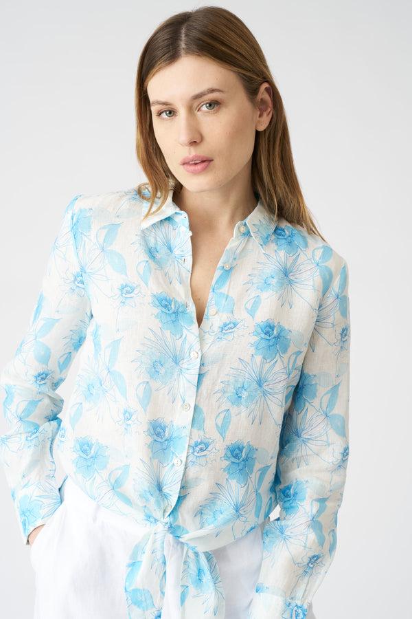 120% Lino Botanical Watercolor Tie-Front Shirt PRINT