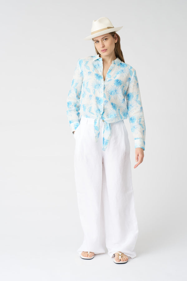 120% Lino Botanical Watercolor Tie-Front Shirt PRINT