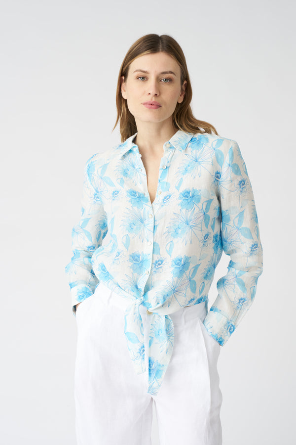 120% lino Botanical Watercolor Tie-Front Shirt PRINT