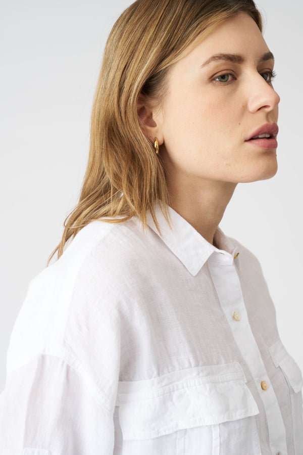 120% Lino Cargo Style Shirt With Tie-Front Sleeves WHITE