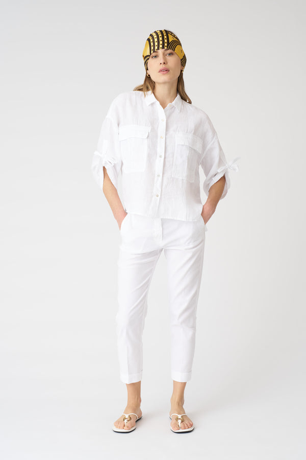 120% Lino Cargo Style Shirt With Tie-Front Sleeves WHITE