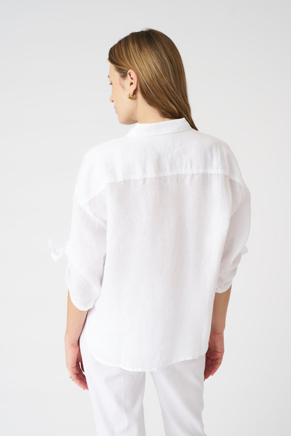 120% Lino Cargo Style Shirt With Tie-Front Sleeves WHITE