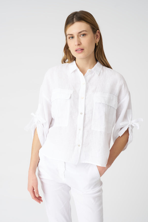 120% lino Cargo Style Shirt with Tie-Front Sleeves WHITE