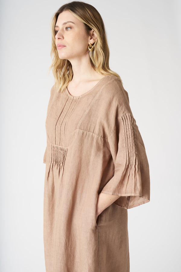120% Lino Dress With Pintuck Details TABACCO SOFT FADE