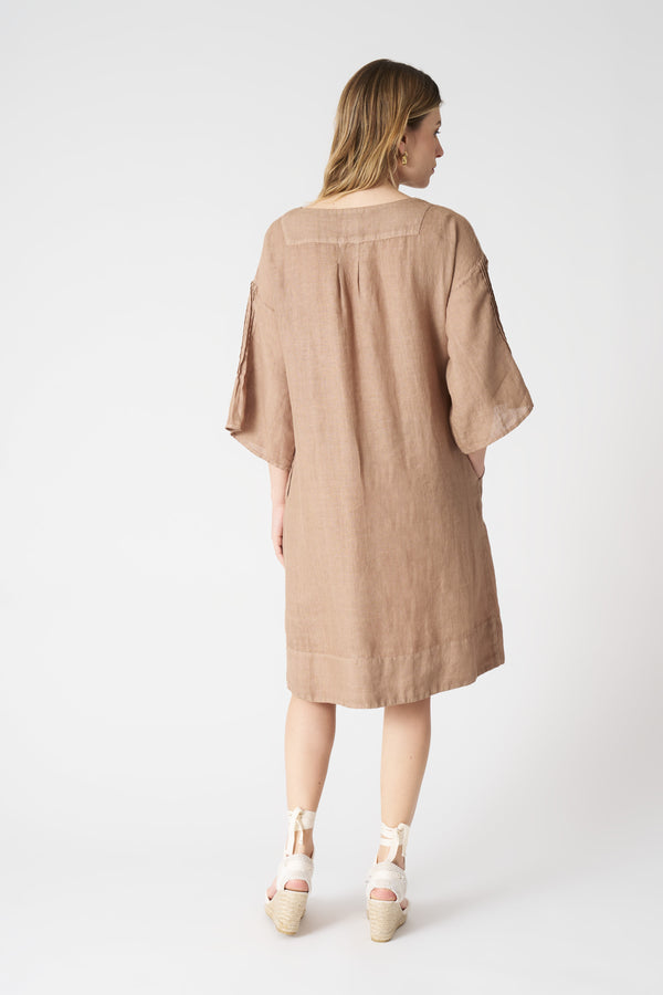 120% Lino Dress With Pintuck Details TABACCO SOFT FADE