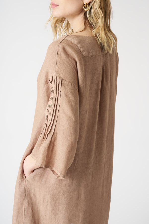 120% Lino Dress With Pintuck Details TABACCO SOFT FADE