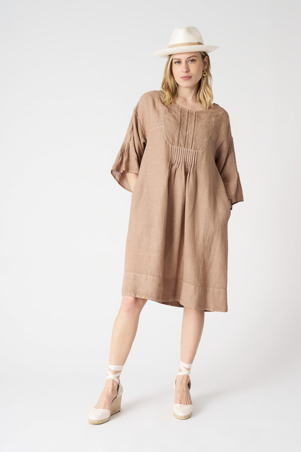 120% lino Dress with Pintuck Details TABACCO SOFT FADE