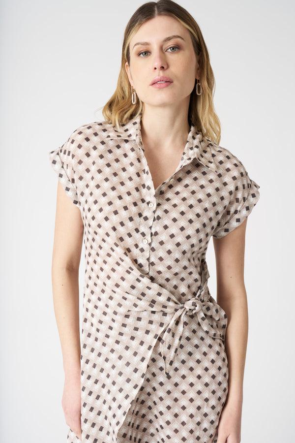 120% Lino Geometric Dress With Draped Knot WASHED CIOCCOLATO