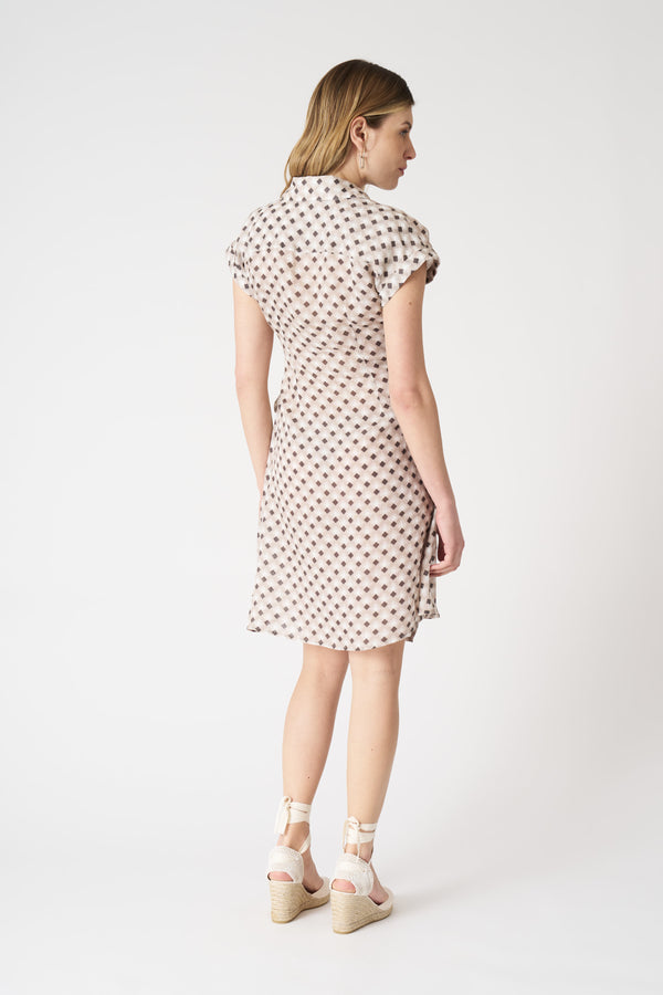 120% Lino Geometric Dress With Draped Knot WASHED CIOCCOLATO