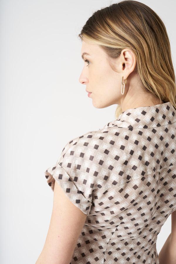 120% Lino Geometric Dress With Draped Knot WASHED CIOCCOLATO