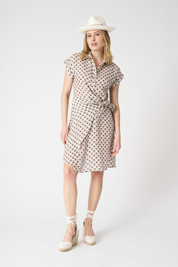 120% lino Geometric Dress with Draped Knot WASHED CIOCCOLATO