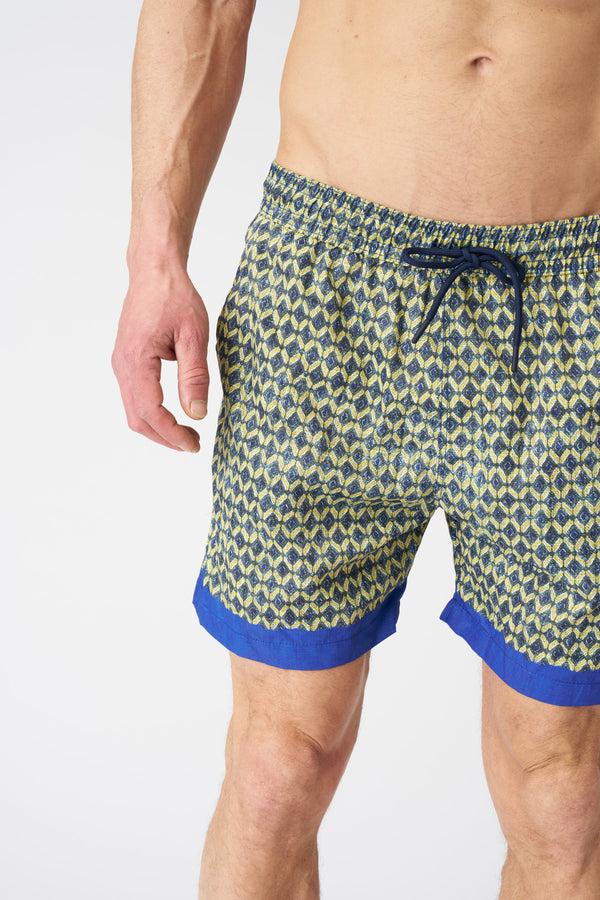120% Lino Geometric Green With Contrast Stripe Swim Trunks PRINT+MIDNIGHT