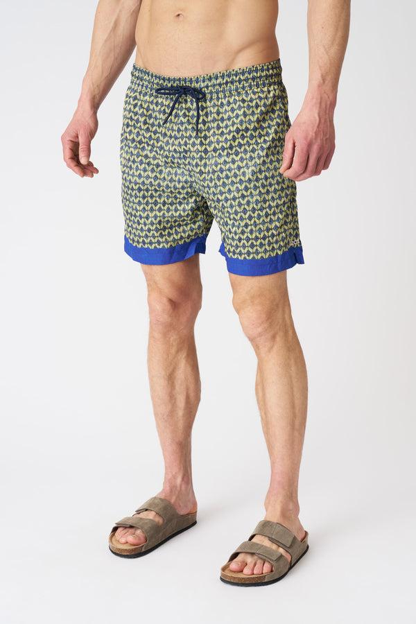120% Lino Geometric Green With Contrast Stripe Swim Trunks PRINT+MIDNIGHT