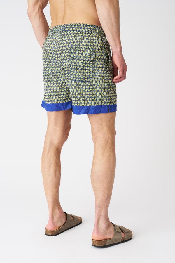 120% Lino Geometric Green With Contrast Stripe Swim Trunks PRINT+MIDNIGHT