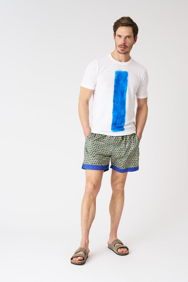 120% lino Geometric Green with Contrast Stripe Swim Trunks PRINT+MIDNIGHT