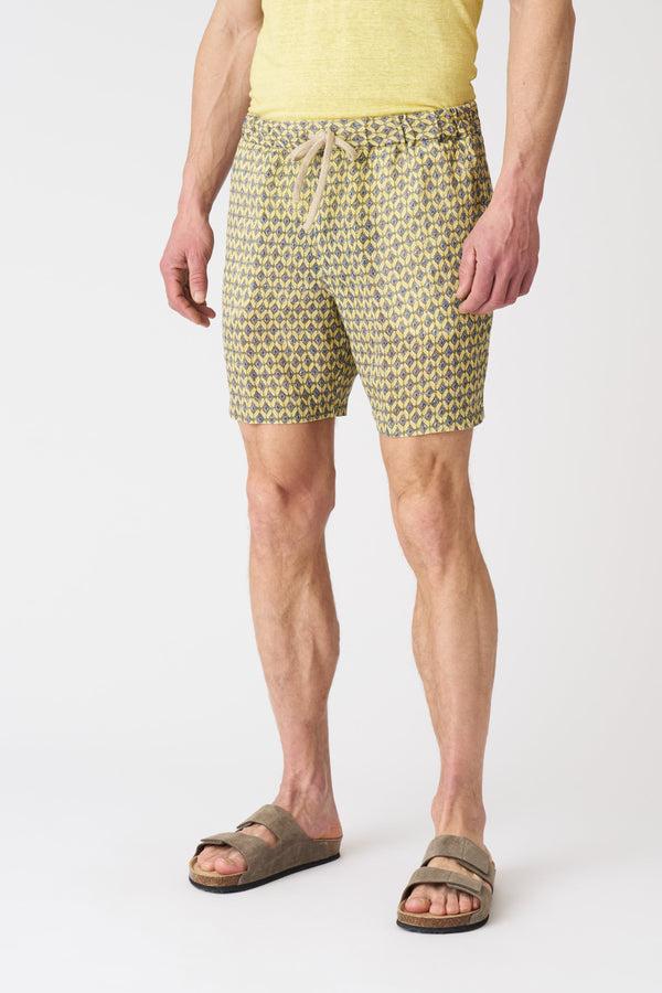 120% Lino Geometric Yellow Drawstring Short WASHED-YELLOW PRINT