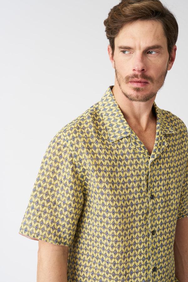 120% Lino Geometric Yellow Notched Collar Regular Fit Shirt WASHED-YELLOW PRINT