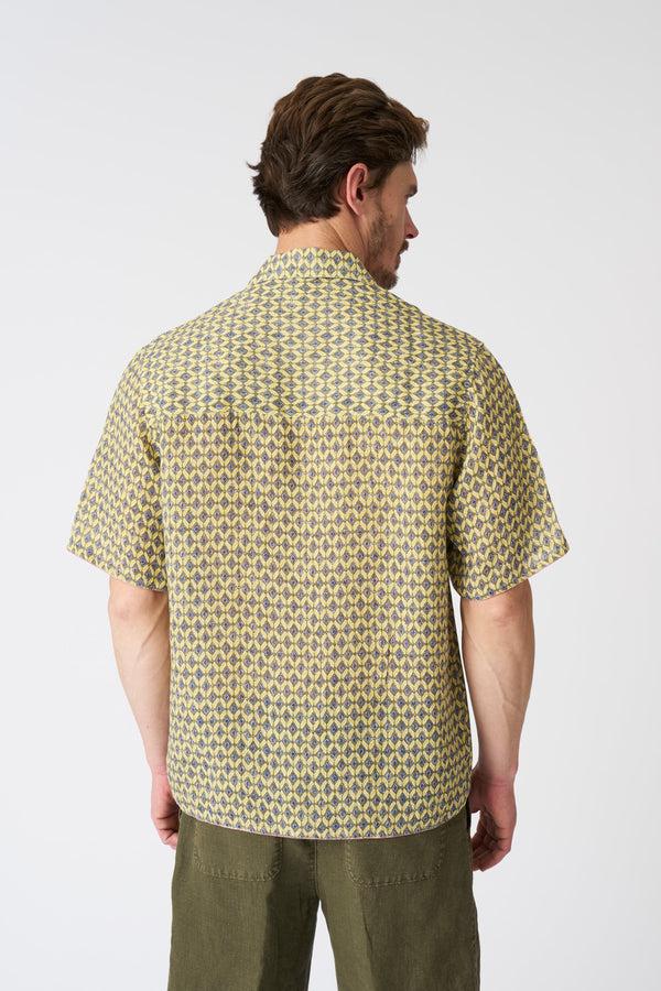 120% Lino Geometric Yellow Notched Collar Regular Fit Shirt WASHED-YELLOW PRINT