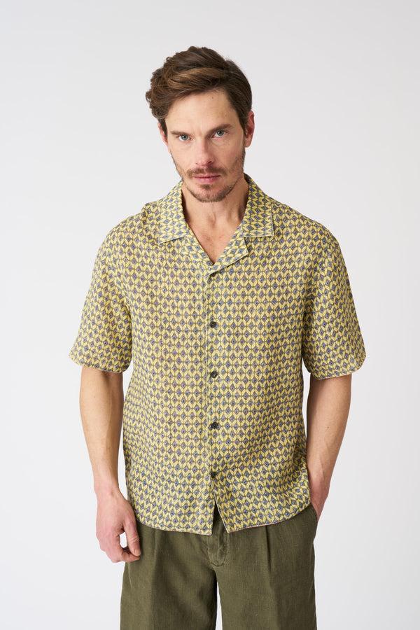 120% lino Geometric Yellow Notched Collar Regular Fit Shirt WASHED-YELLOW PRINT