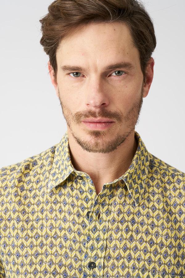 120% Lino Geometric Yellow Regular Fit Shirt WASHED-YELLOW PRINT