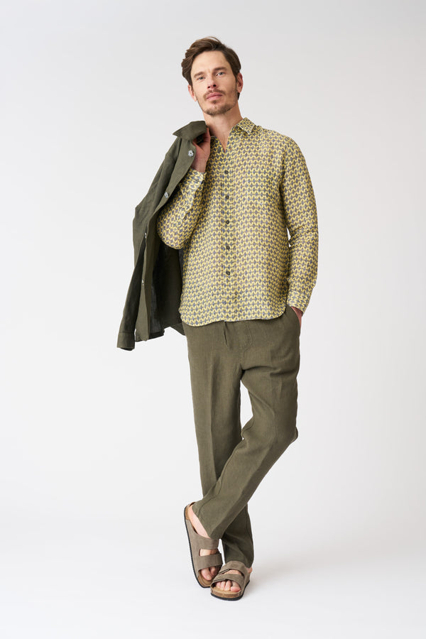 120% Lino Geometric Yellow Regular Fit Shirt WASHED-YELLOW PRINT