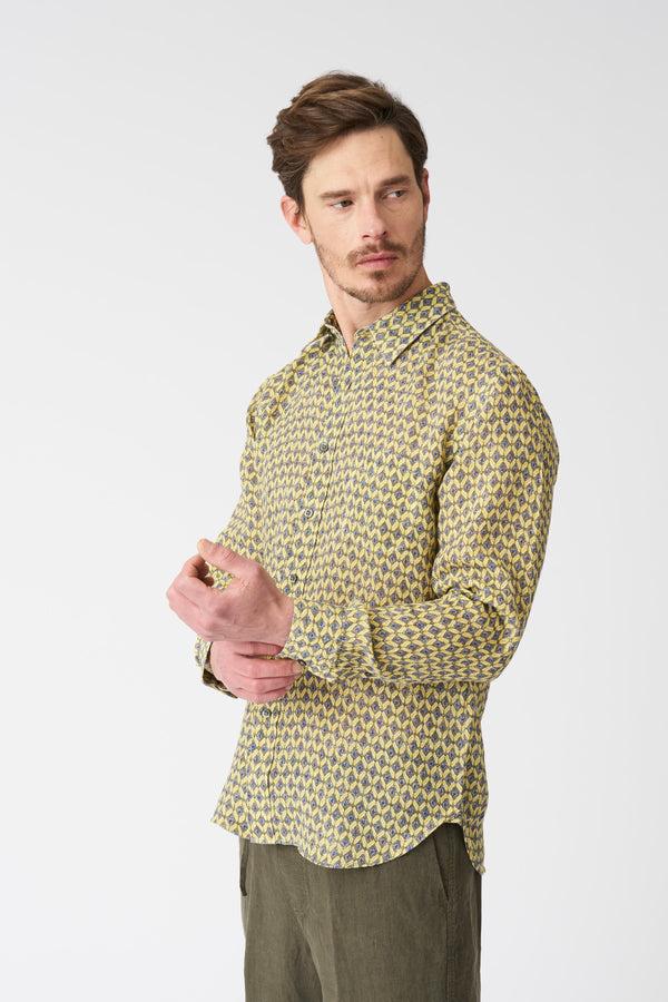 120% lino Geometric Yellow Regular Fit Shirt WASHED-YELLOW PRINT