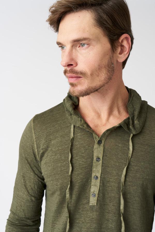120% Lino Hooded T-Shirt With Buttons CAFFE SOFT FADE