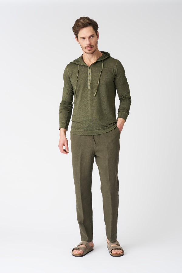 120% Lino Hooded T-Shirt With Buttons CAFFE SOFT FADE