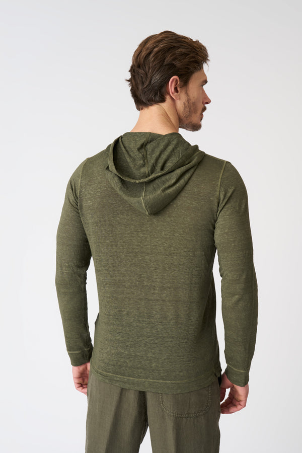 120% Lino Hooded T-Shirt With Buttons CAFFE SOFT FADE