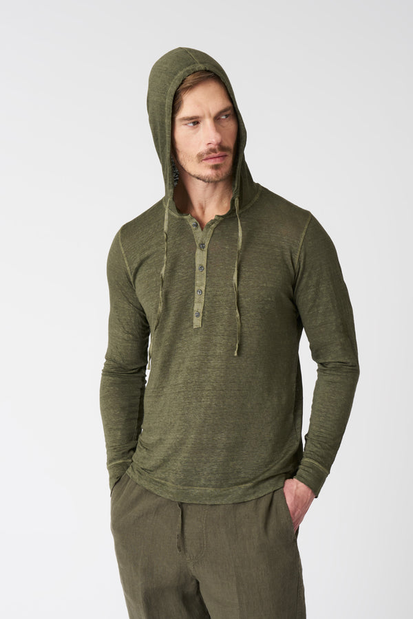 120% lino Hooded T-Shirt with Buttons CAFFE SOFT FADE