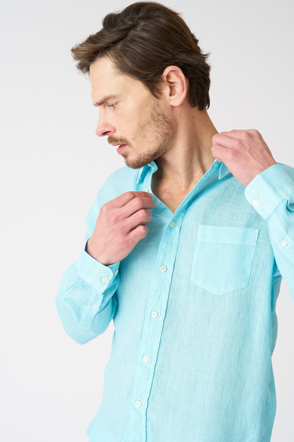 120% Lino Italian Collar Regular Fit Shirt With Pocket ARUBA BLUE SOFT FADE