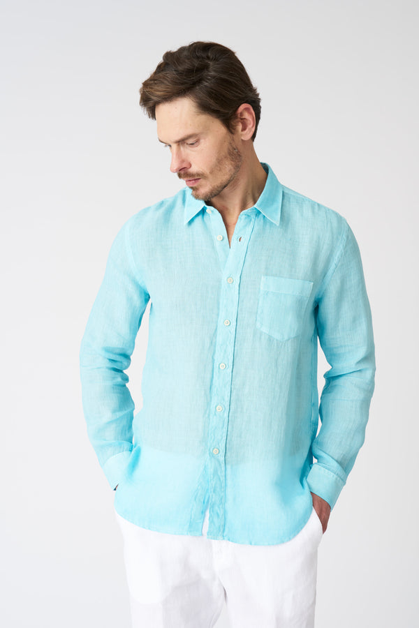 120% lino Italian Collar Regular Fit Shirt with Pocket ARUBA BLUE SOFT FADE