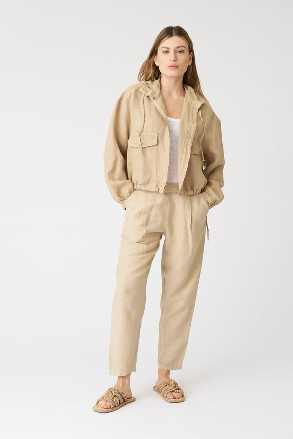 120% Lino Jacket With Hood And Drawstring Waist ALMOND