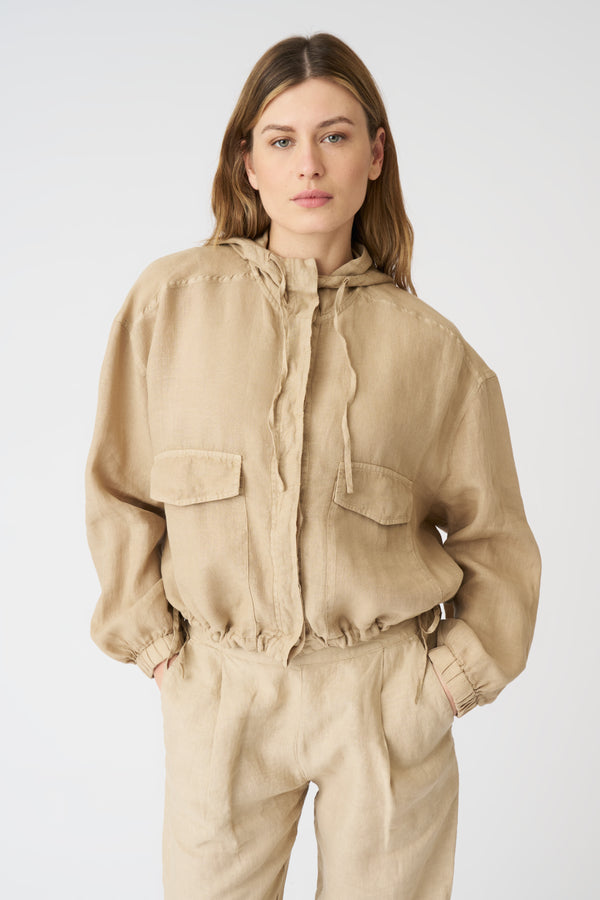 120% lino Jacket with Hood and Drawstring Waist ALMOND