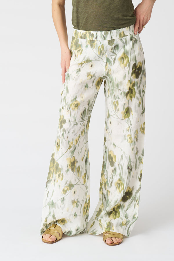 120% Lino Japanese Flower Flare Pant WASHED-GREEN PRINT