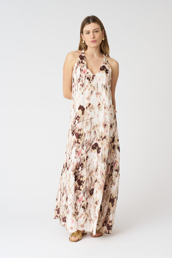 120% lino Japanese Flower Halter Maxi Dress WASHED-PINK PRINT