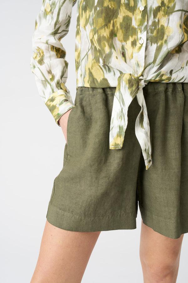 120% Lino Japanese Flower Tie-Front Shirt WASHED-GREEN PRINT