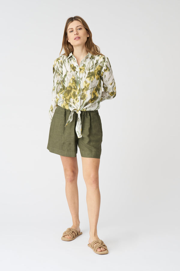 120% Lino Japanese Flower Tie-Front Shirt WASHED-GREEN PRINT