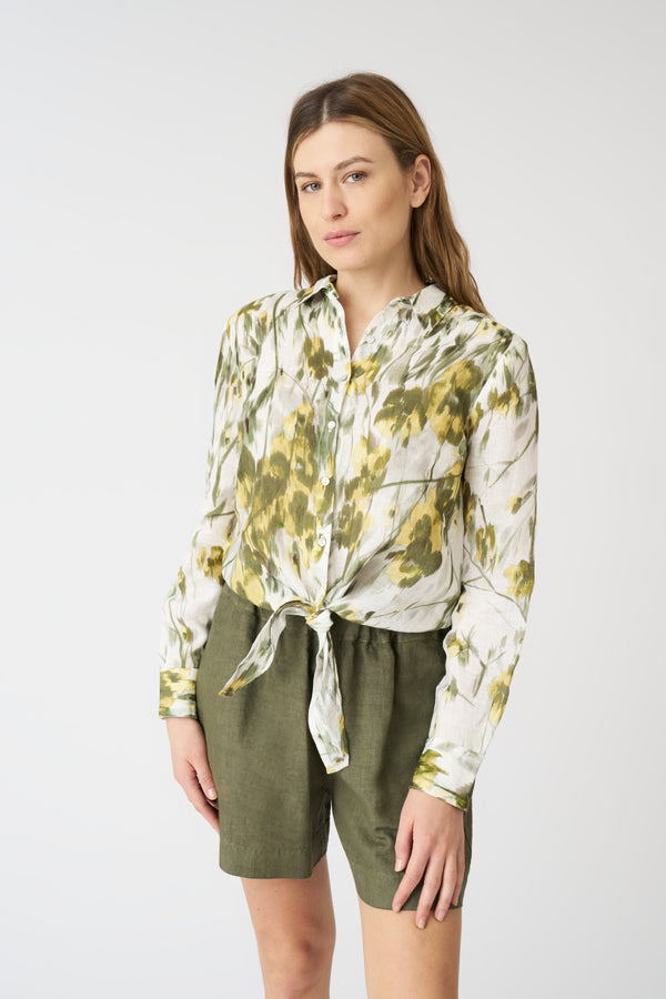 120% lino Japanese Flower Tie-Front Shirt WASHED-GREEN PRINT