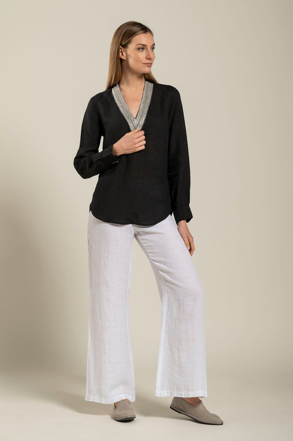 120% Lino Long Sleeve Blouse With V-Neck And Sequin Detail WHITE
